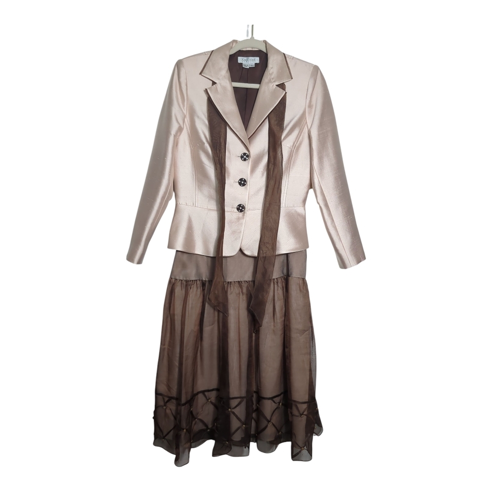 Vintage Kay Unger 12 Preppy Pink and Brown Skirt Suit Set Feminine Playful Retro